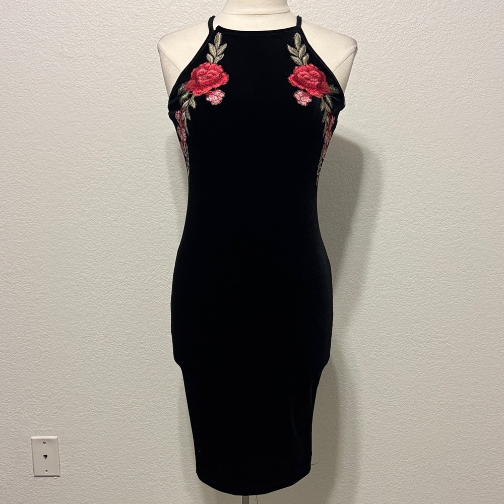 Black Velvet Dress with Floral Embroidery